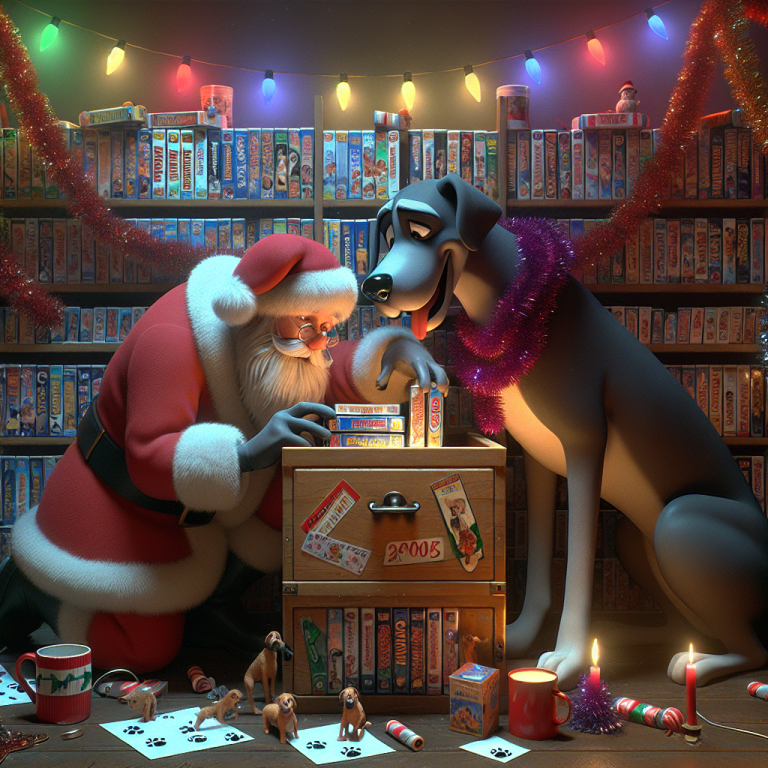 Santa and Scooby-Doo in a Christmas-decorated VHS room, inspecting hoof prints among shelves of Scooby-Doo tapes.
