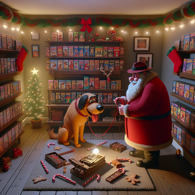 Illustration of a festive Scooby-Doo VHS room decked with Christmas lights, Santa Claus in a detective hat and Scooby investigating near a candy-cane trap.