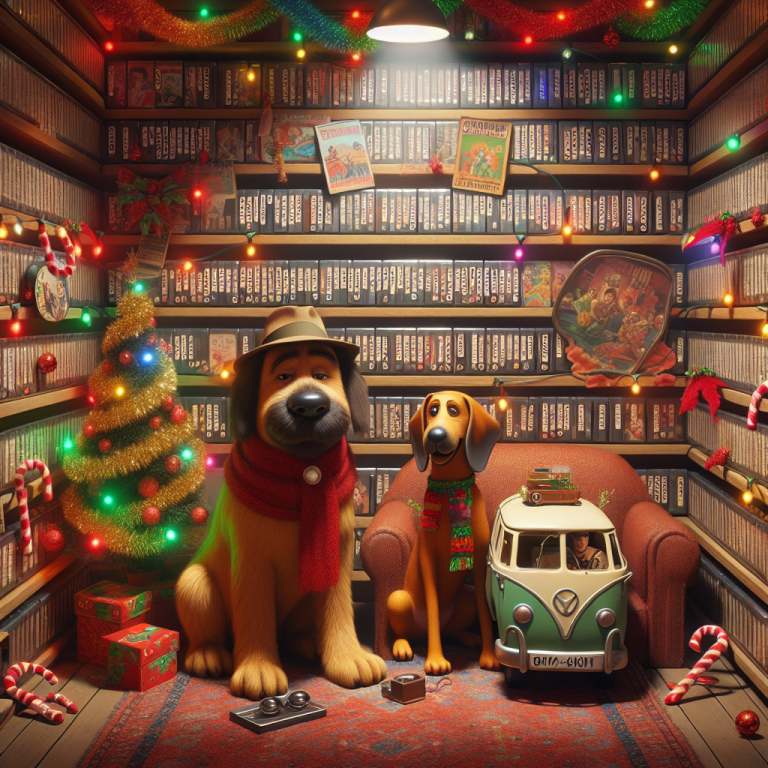 A cozy Scooby-Doo VHS room decorated for Christmas: shelves of tapes, Christmas tree with Mystery Machine ornaments, Santa in detective hat and Scooby-Doo investigating under twinkling lights.
