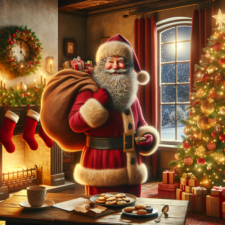 Santa Claus in a red suit standing in a festive living room with a decorated Christmas tree, glowing fireplace, plate of cookies and Bounty bars, and snow falling outside.