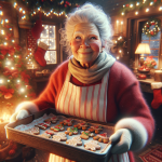 Mrs. Claus in a festive kitchen holding a tray of decorated gingerbread cookies surrounded by Christmas lights and decor.