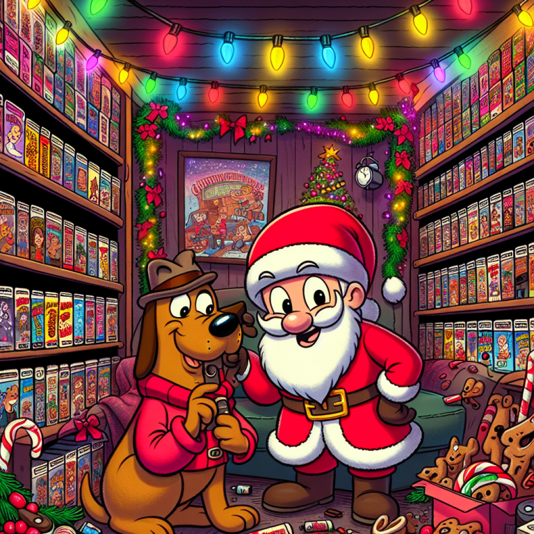 Cartoon of Santa and Scooby-Doo in a Scooby Doo VHS room decorated with Christmas lights and tinsel